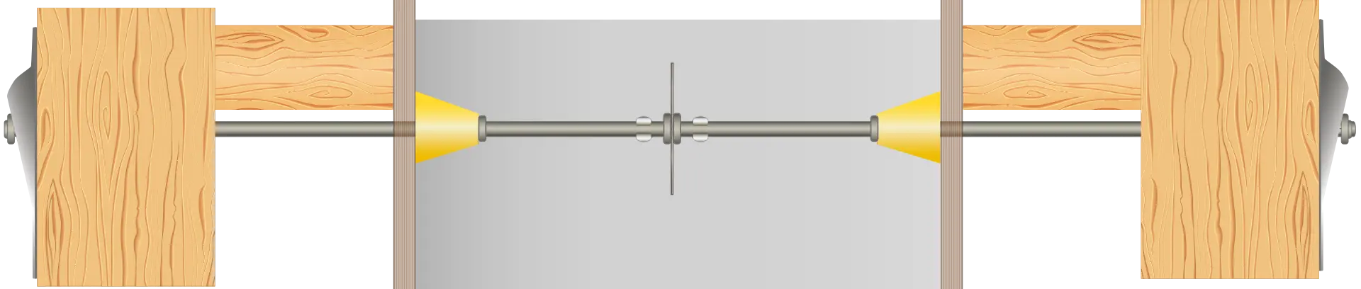 Exempel på engångsformstag av 8 mm järntråd med täckskiktsdjup på 35 mm (gul kona), vattentätning samt med ändknoppar monterad i en plyfaform med dubbla reglar.